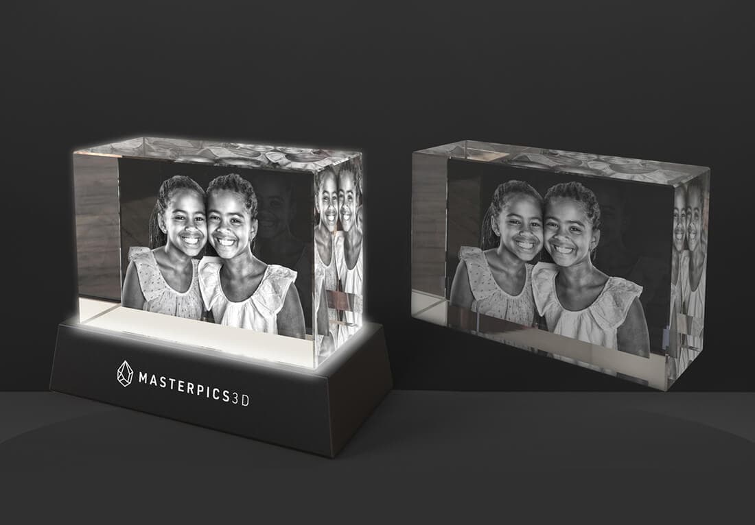 twin sisters' picture engraved in a 3D photo crystal with and without an LED light base