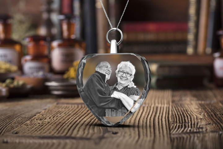 Happy couple image laser engraved in a 2D photo crystal heart necklace