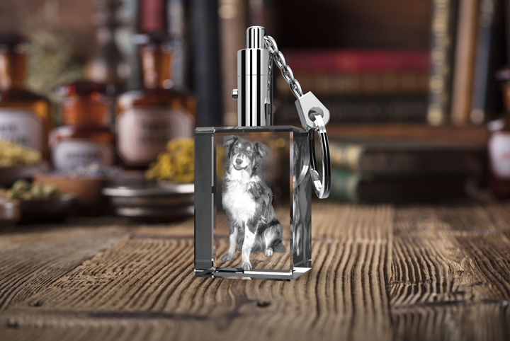 A dog image engraved inside a 2D crystal rectangle keychain