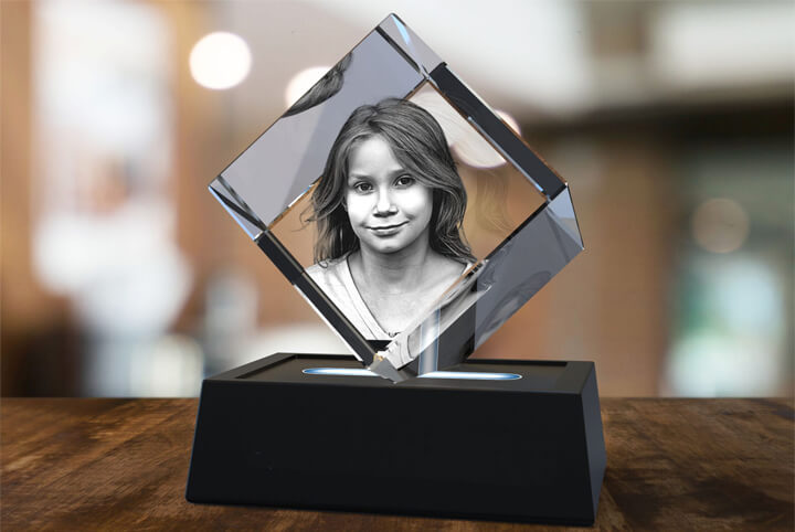 3D photo crystal diamond with an image of a beautiful girl laser engraved inside