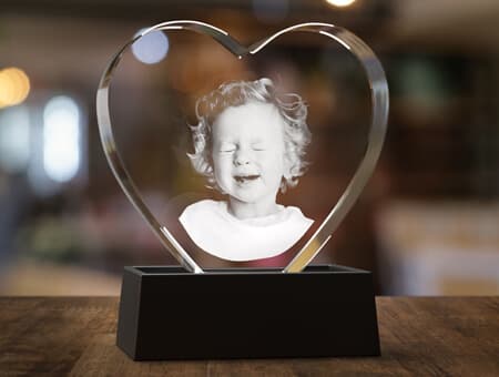 Adorable baby image engraved in a 3D photo crystal with a wooden light base.