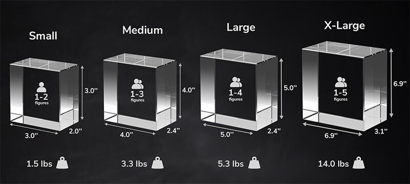 A size guide of the various available 3D photo crystal sizes