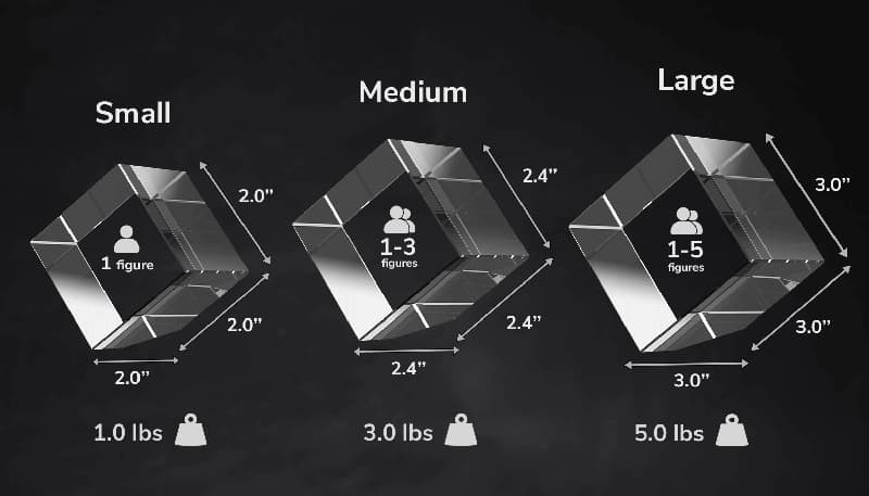 A size guide of the various available 3D photo crystal sizes