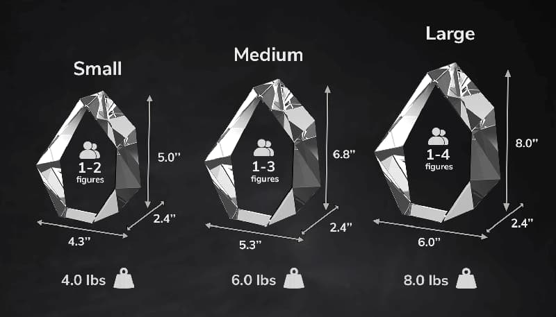 A size guide of the various available 3D photo crystal sizes