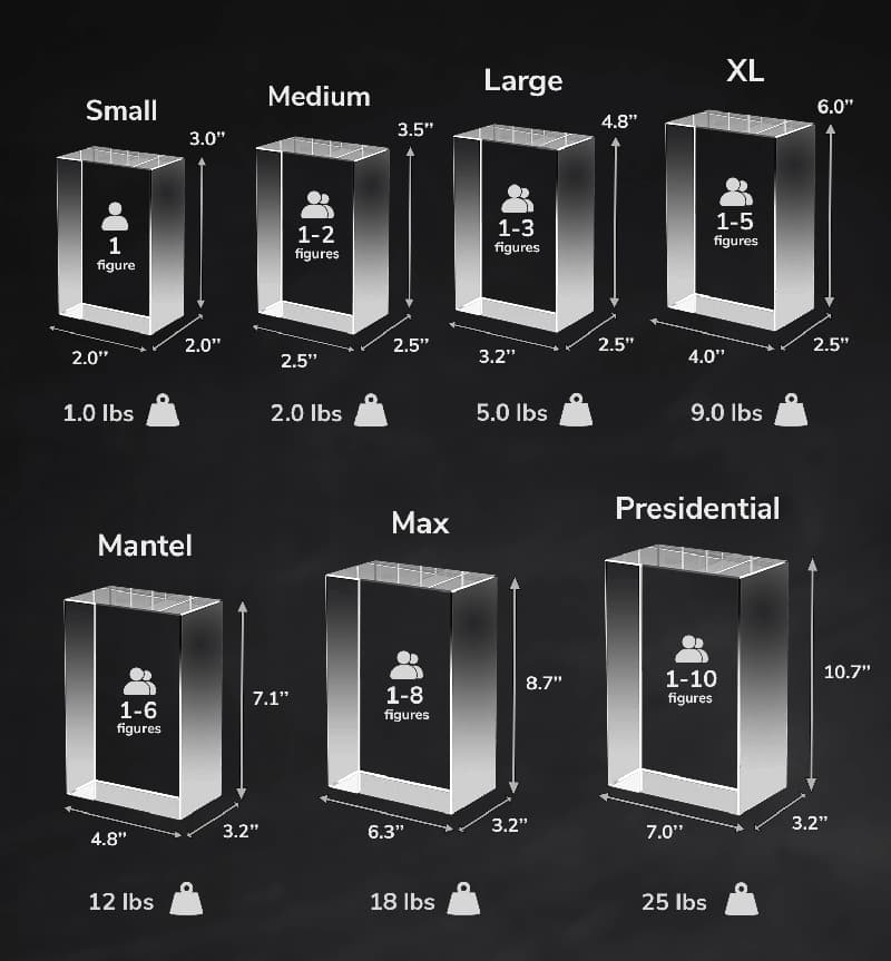 A size guide of the various available 3D photo crystal sizes