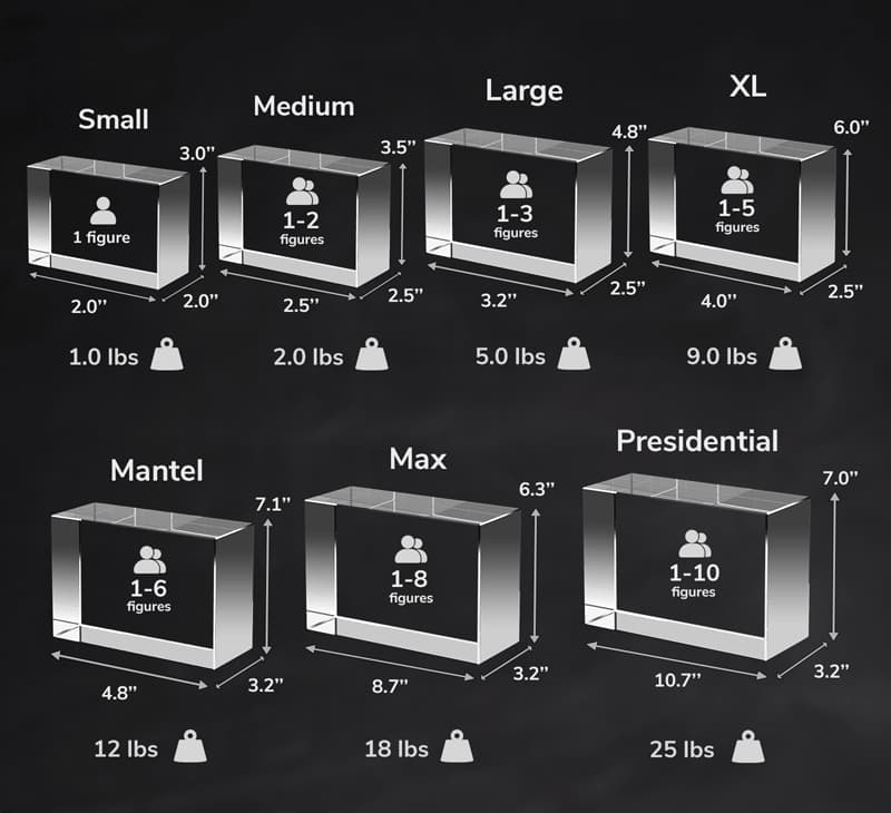 A size guide of the various available 3D photo crystal sizes