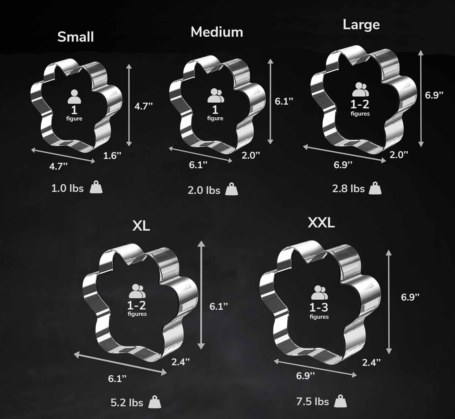 A size guide of the various available 3D photo crystal sizes